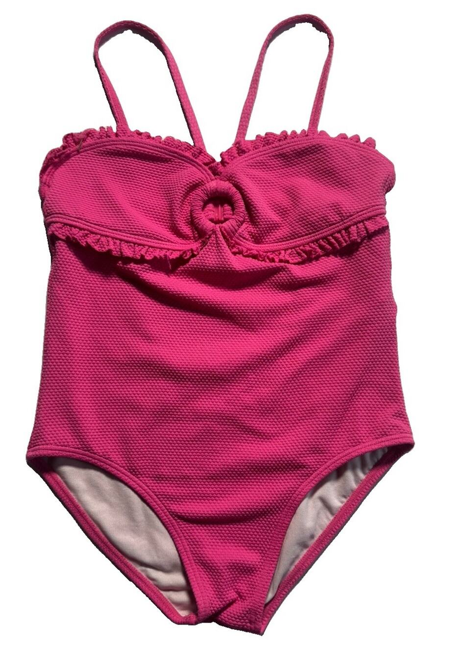Xhilaration Girls Size 10 Pink Textured One Piece Swimsuit Ruffle Ring Front